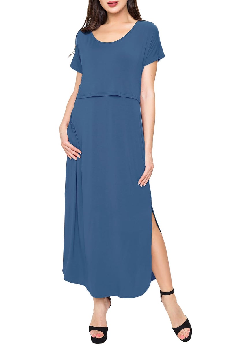 Smallshow Women's Maternity Nursing Dresses Split Long Dress for Breastfeeding Large Dusty Blue - Image 3